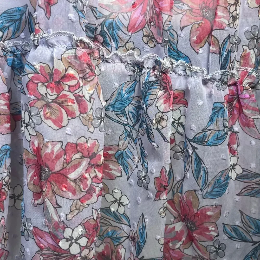 Coquette Floral Sheer Ruffle Dress Cover Up Romantic Beach Resortwear Large